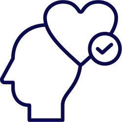 Outline of a head with a heart above it and a check mark inside the heart on a white background